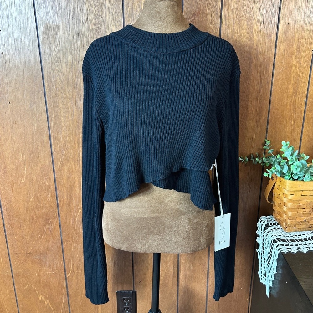 Joie Black Ribbed Mock Neck Cropped Sweater‎ Pullover Long Sleeve Size XL